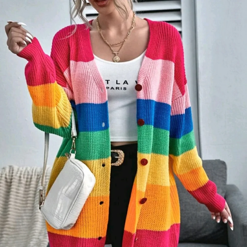 Button Front Drop Shoulder Rainbow Stripe Cardigan - Picture 1 of 7